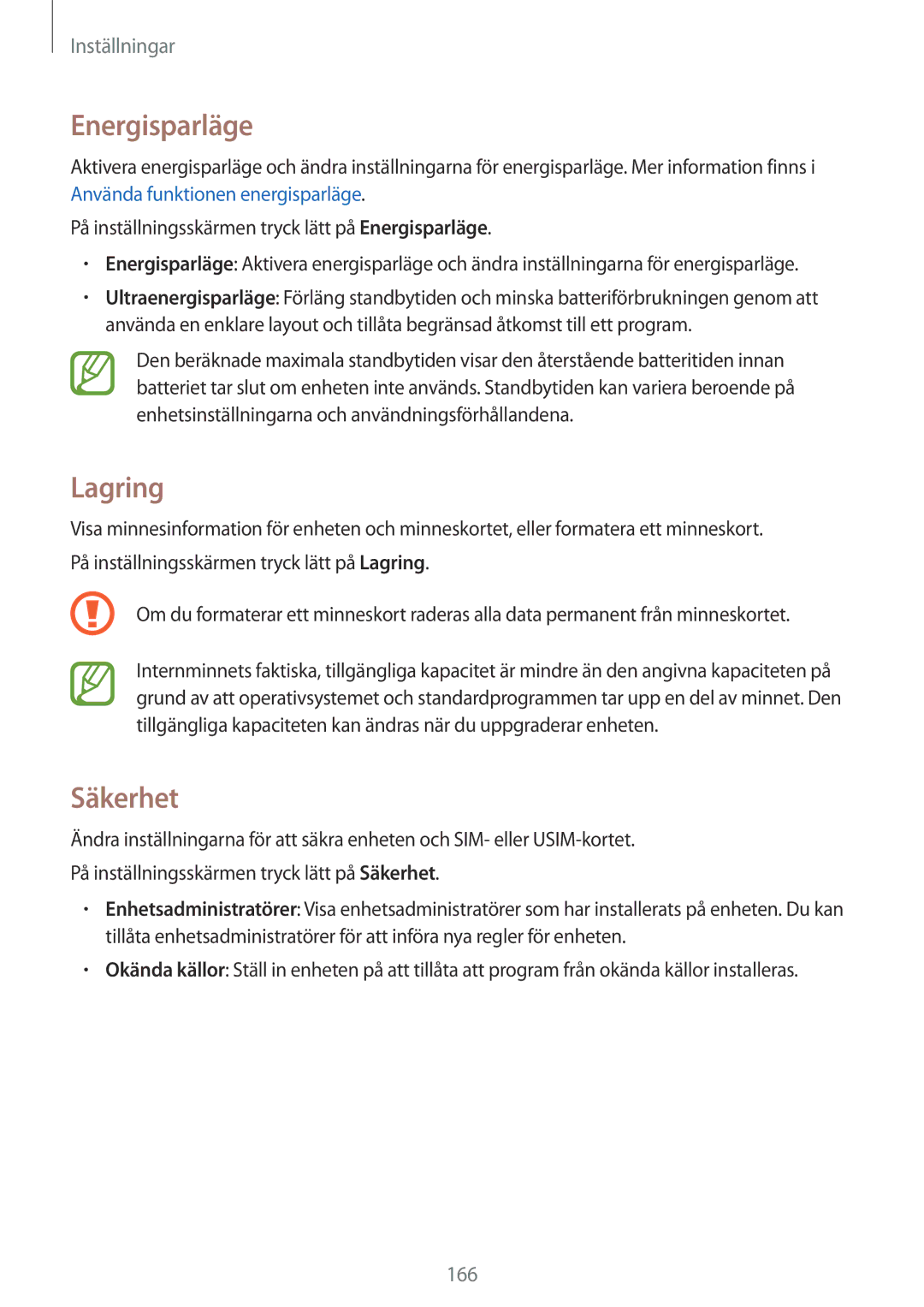 Samsung SM-G900FZBAVDS, SM-G900FZKAVDS, SM-G900FZDANEE, SM-G900FZWANEE, SM-G901FZBANEE, SM-G901FZWANEE manual Lagring, Säkerhet 