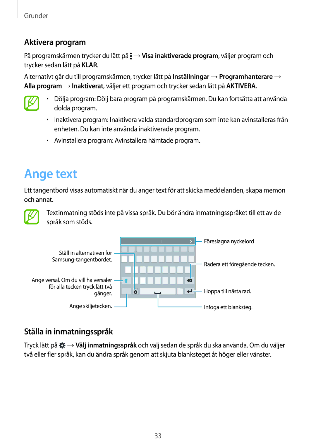 Samsung SM-G900FZNENEE, SM-G900FZKAVDS, SM-G900FZDANEE manual Ange text, Aktivera program, Ställa in inmatningsspråk 