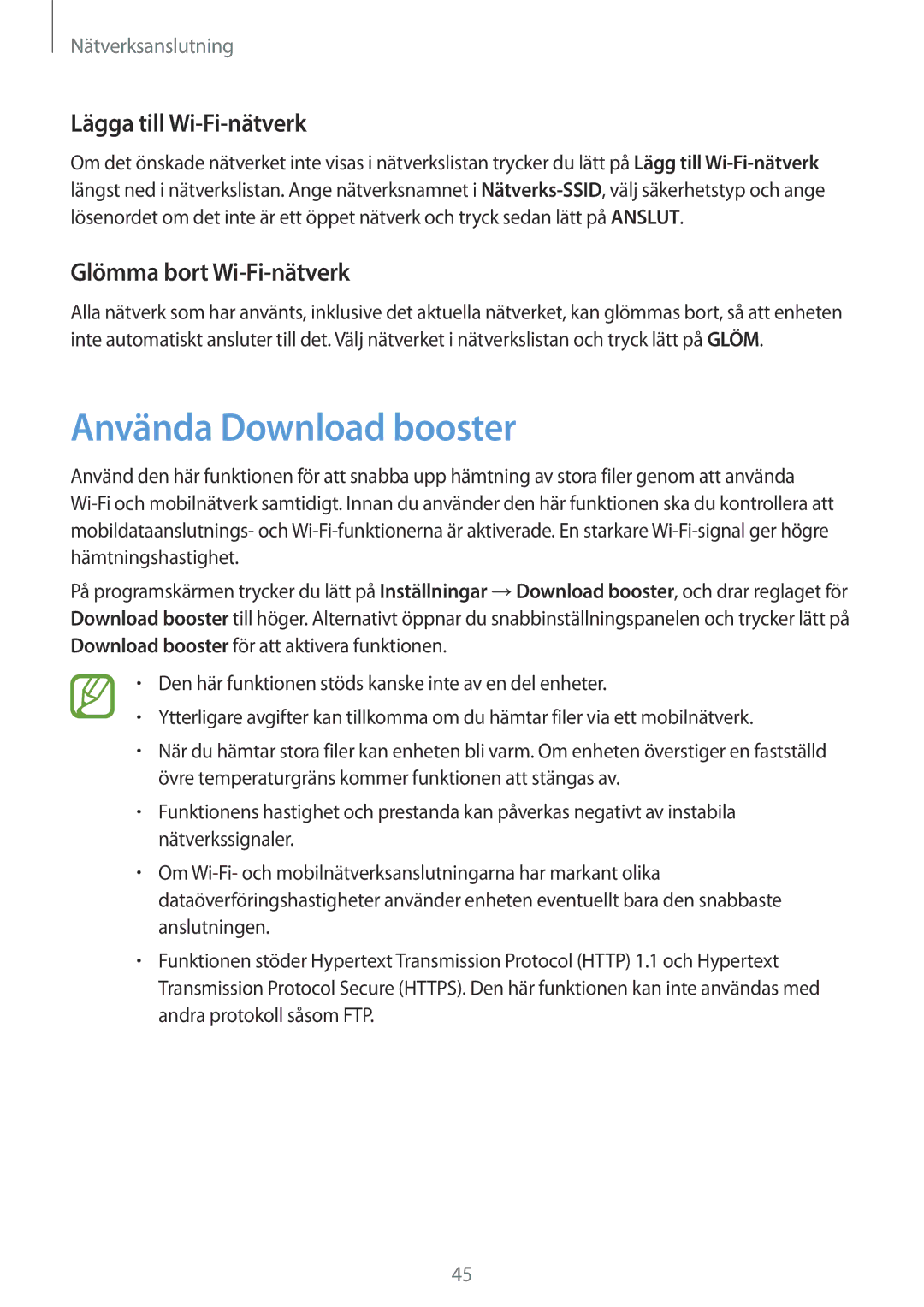 Samsung SM-G901FZBATEN, SM-G900FZKAVDS manual Använda Download booster, Lägga till Wi-Fi-nätverk, Glömma bort Wi-Fi-nätverk 