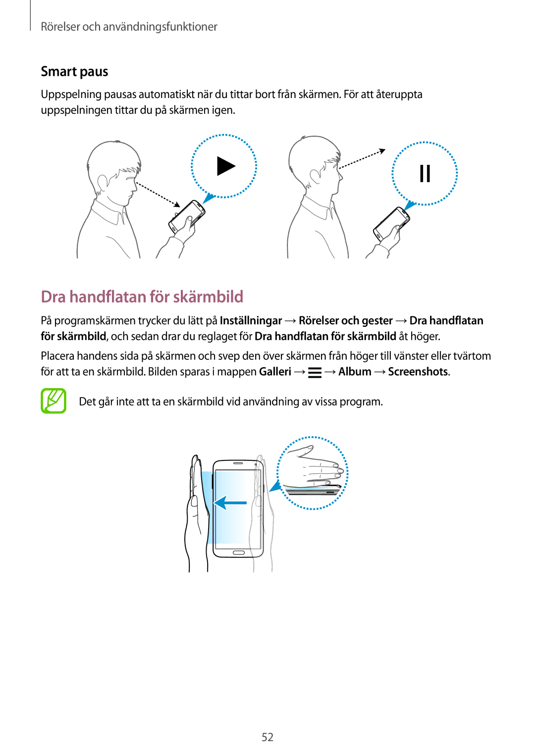 Samsung SM-G900FZWANEE, SM-G900FZKAVDS, SM-G900FZDANEE, SM-G901FZBANEE manual Dra handflatan för skärmbild, Smart paus 