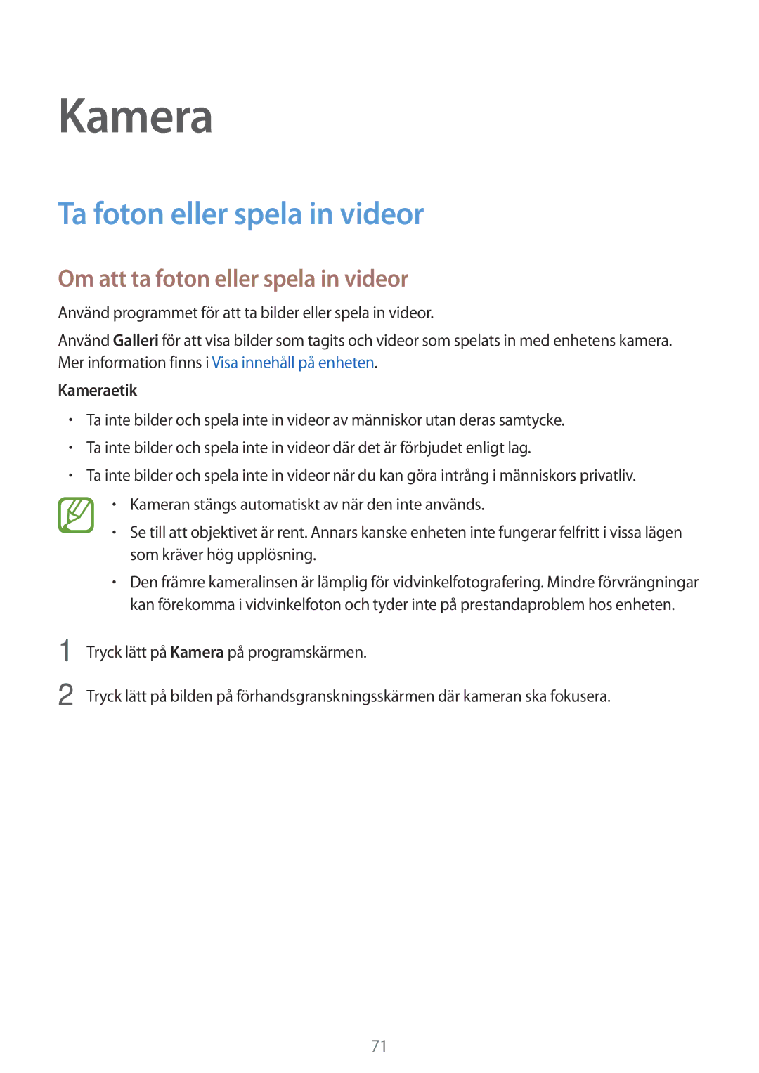 Samsung SM-G900FZDATEN manual Ta foton eller spela in videor, Om att ta foton eller spela in videor, Kameraetik 