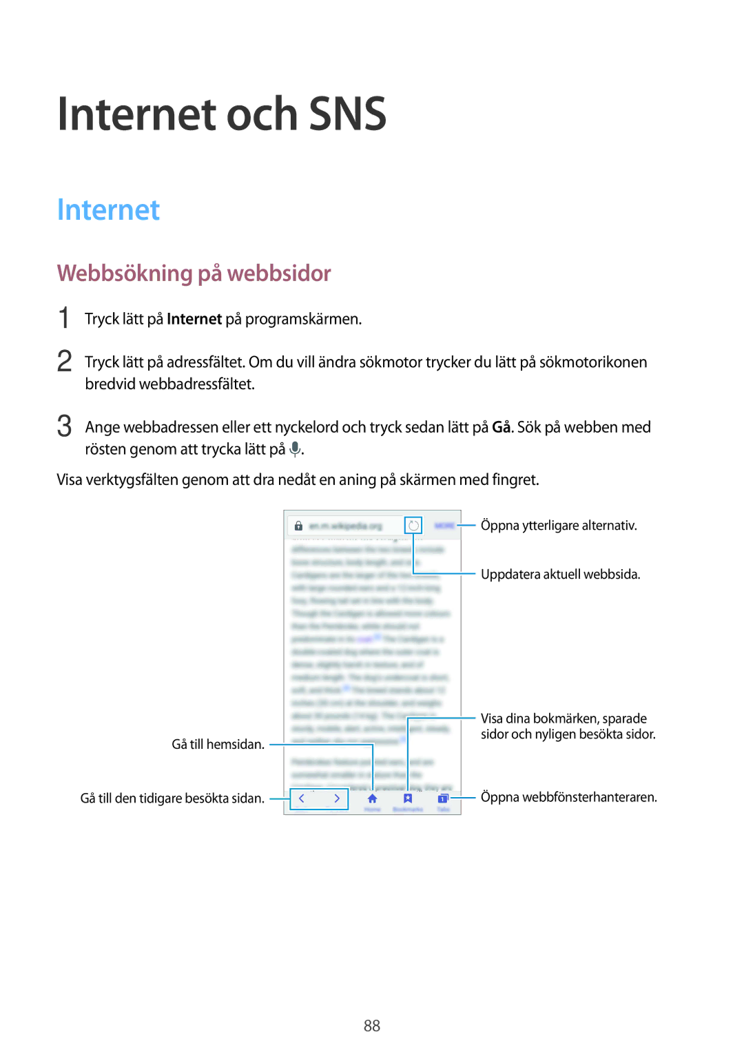 Samsung SM-G900FZWENEE, SM-G900FZKAVDS, SM-G900FZDANEE, SM-G900FZWANEE manual Internet och SNS, Webbsökning på webbsidor 