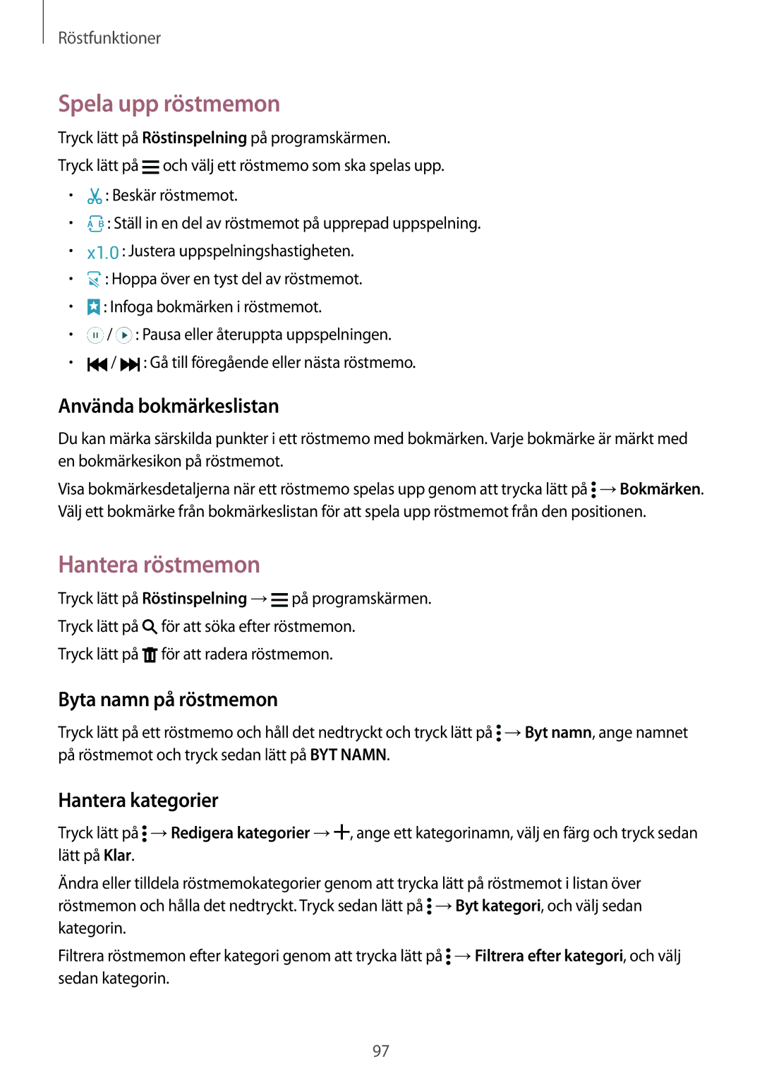 Samsung SM-G900FZKATEN manual Spela upp röstmemon, Hantera röstmemon, Använda bokmärkeslistan, Byta namn på röstmemon 