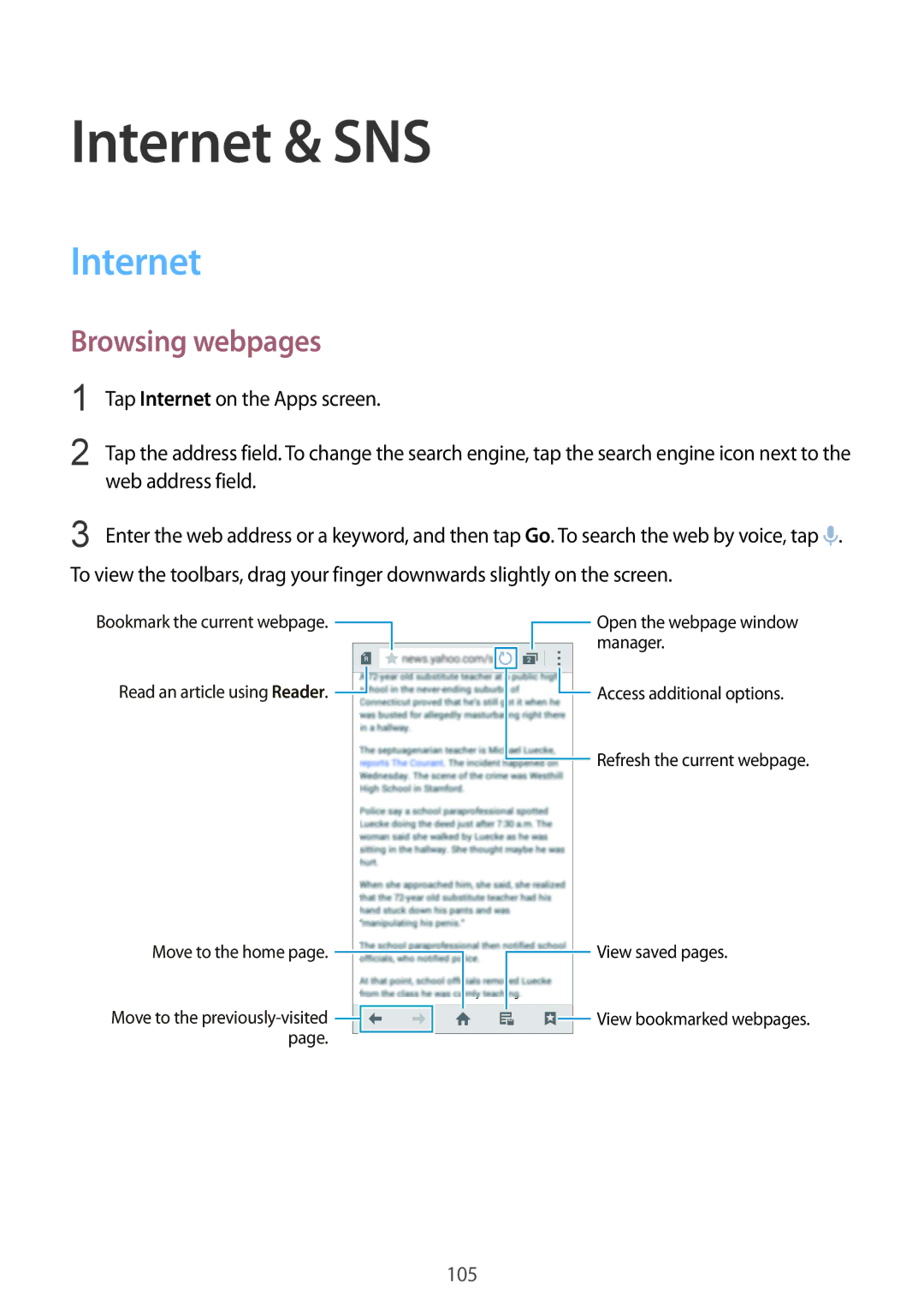 Samsung SM-G900FZWVILO, SM-G900FZKVKSA, SM-G900FZWVKSA, SM-G900FZDVILO, SM-G900FZKVILO manual Internet & SNS, Browsing webpages 