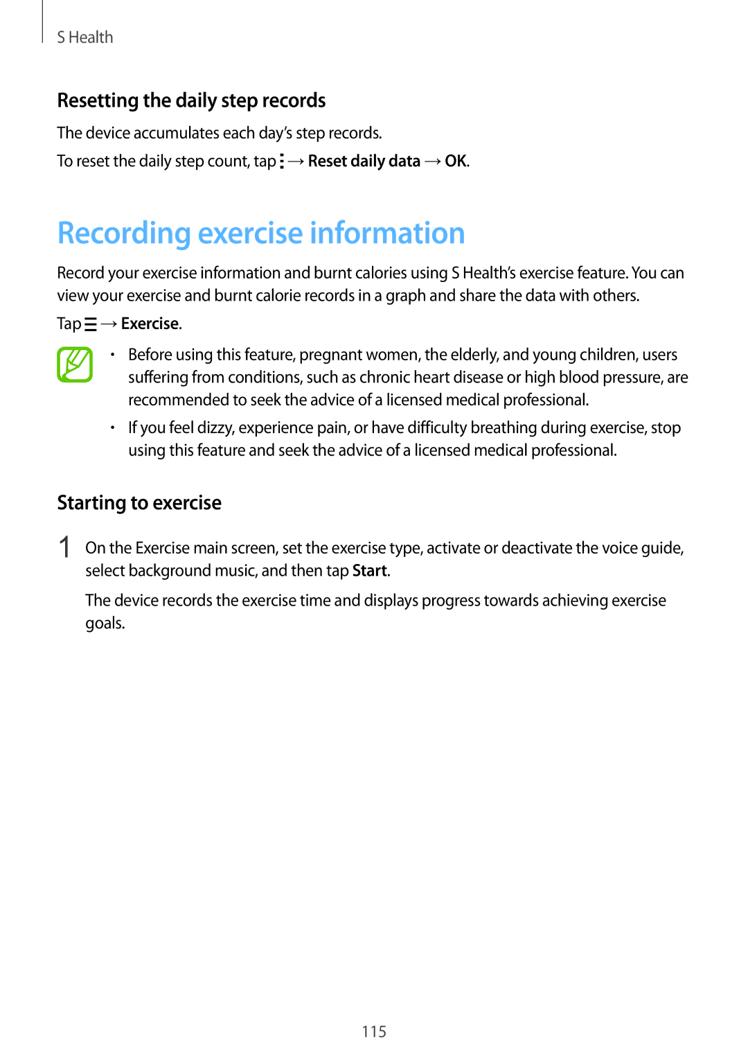 Samsung SM-G900FZWVKSA manual Recording exercise information, Resetting the daily step records, Starting to exercise 