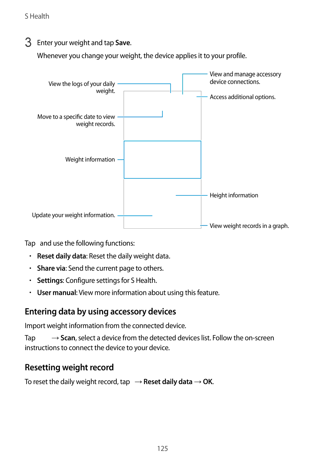 Samsung SM-G900FZBVILO, SM-G900FZKVKSA, SM-G900FZWVKSA Entering data by using accessory devices, Resetting weight record 