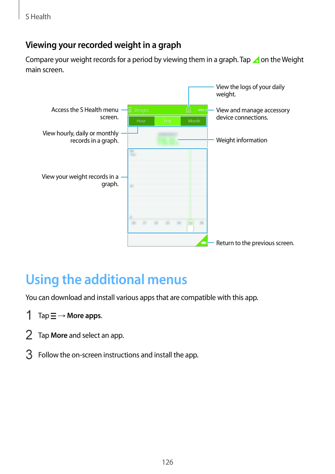 Samsung SM-G900FZKVKSA, SM-G900FZWVKSA Using the additional menus, Viewing your recorded weight in a graph, Tap →More apps 