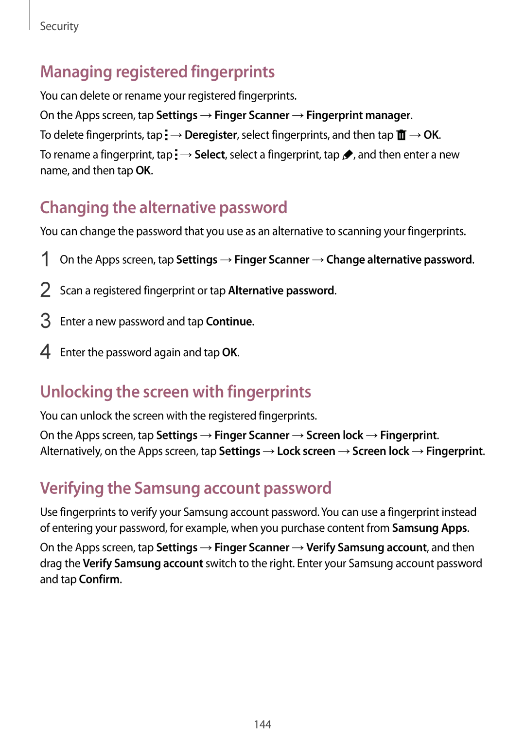 Samsung SM-G900FZKVKSA, SM-G900FZWVKSA, SM-G900FZDVILO Managing registered fingerprints, Changing the alternative password 