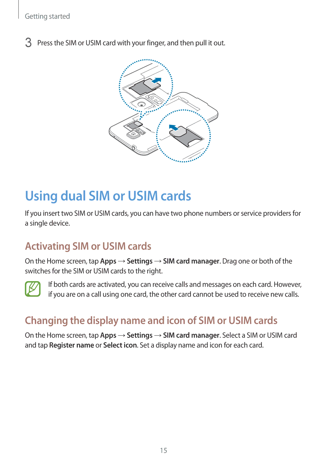 Samsung SM-G900FZWVILO, SM-G900FZKVKSA, SM-G900FZWVKSA manual Using dual SIM or Usim cards, Activating SIM or Usim cards 