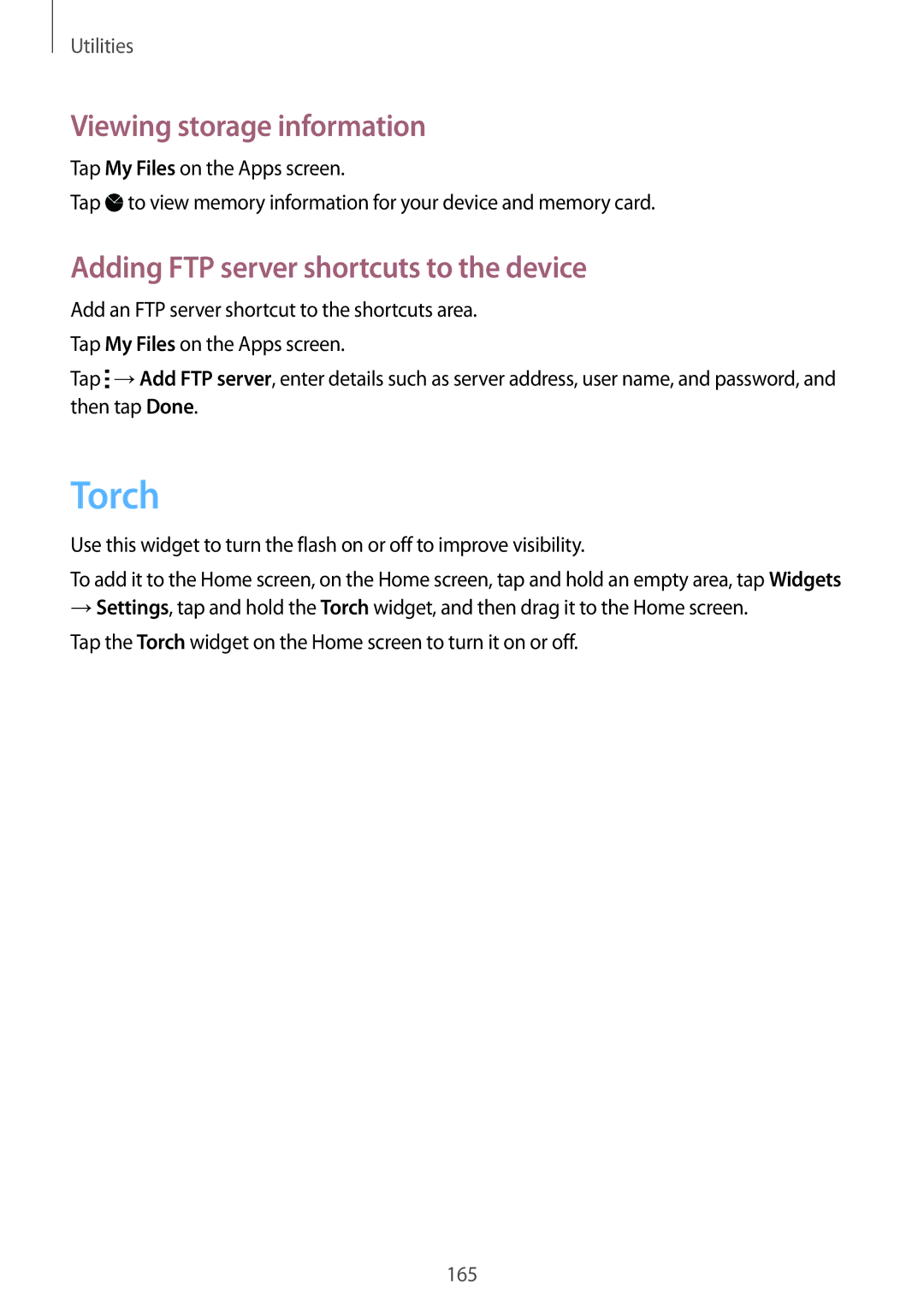 Samsung SM-G900FZWVILO, SM-G900FZKVKSA manual Torch, Viewing storage information, Adding FTP server shortcuts to the device 