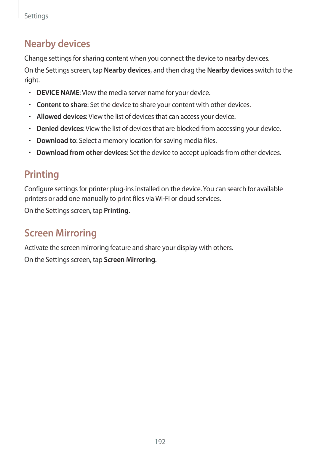 Samsung SM-G900FZKVKSA, SM-G900FZWVKSA manual Nearby devices, Screen Mirroring, On the Settings screen, tap Printing 