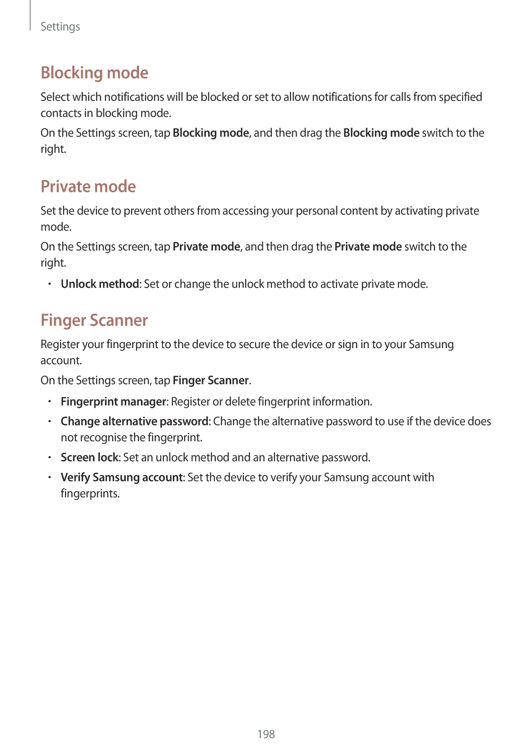 Samsung SM-G900FZKVKSA, SM-G900FZWVKSA, SM-G900FZDVILO, SM-G900FZWVILO manual Blocking mode, Private mode, Finger Scanner 