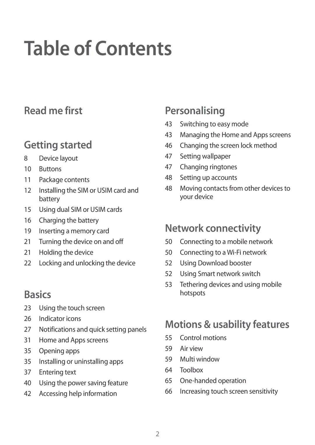 Samsung SM-G900FZDVILO, SM-G900FZKVKSA, SM-G900FZWVKSA, SM-G900FZWVILO, SM-G900FZKVILO, SM-G900FZBVILO manual Table of Contents 