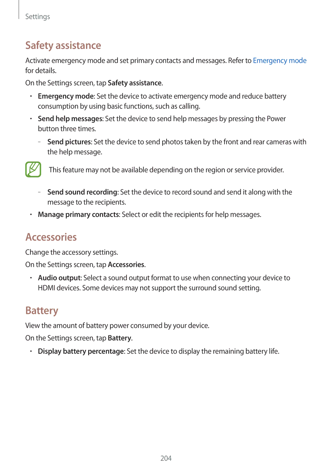 Samsung SM-G900FZKVKSA, SM-G900FZWVKSA, SM-G900FZDVILO, SM-G900FZWVILO manual Safety assistance, Accessories, Battery 