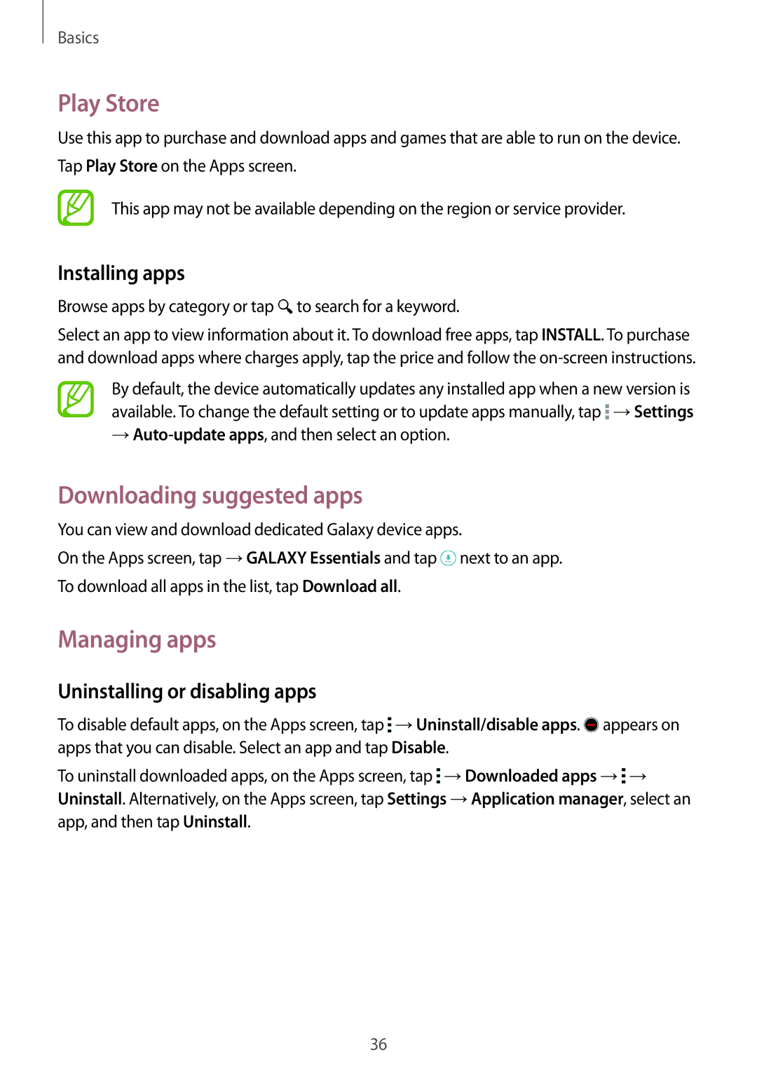 Samsung SM-G900FZKVKSA manual Play Store, Downloading suggested apps, Managing apps, Uninstalling or disabling apps 