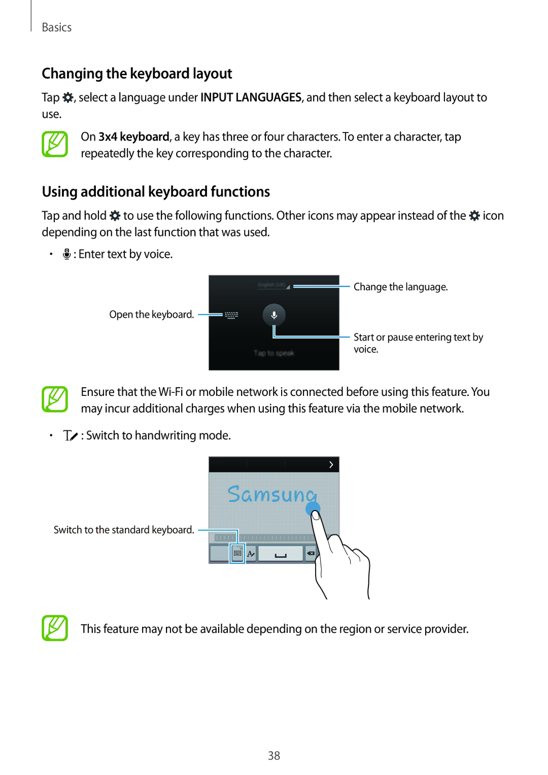 Samsung SM-G900FZDVILO manual Changing the keyboard layout, Using additional keyboard functions, Switch to handwriting mode 