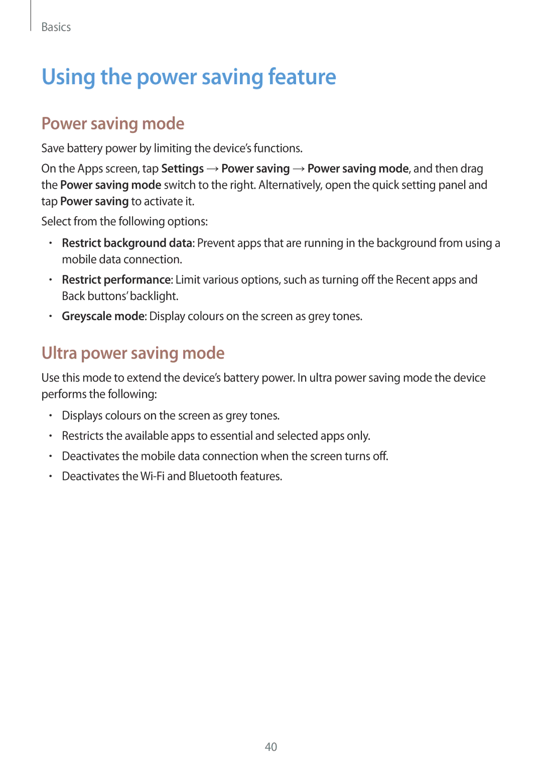 Samsung SM-G900FZKVILO, SM-G900FZKVKSA, SM-G900FZWVKSA, SM-G900FZDVILO Using the power saving feature, Power saving mode 