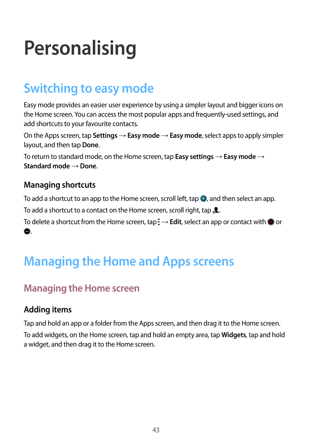 Samsung SM-G900FZWVKSA Personalising, Switching to easy mode, Managing the Home and Apps screens, Managing the Home screen 