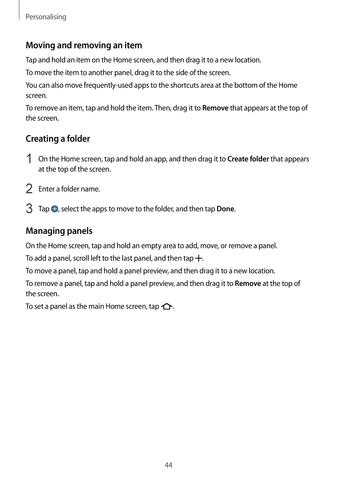 Samsung SM-G900FZDVILO, SM-G900FZKVKSA, SM-G900FZWVKSA manual Moving and removing an item, Creating a folder, Managing panels 