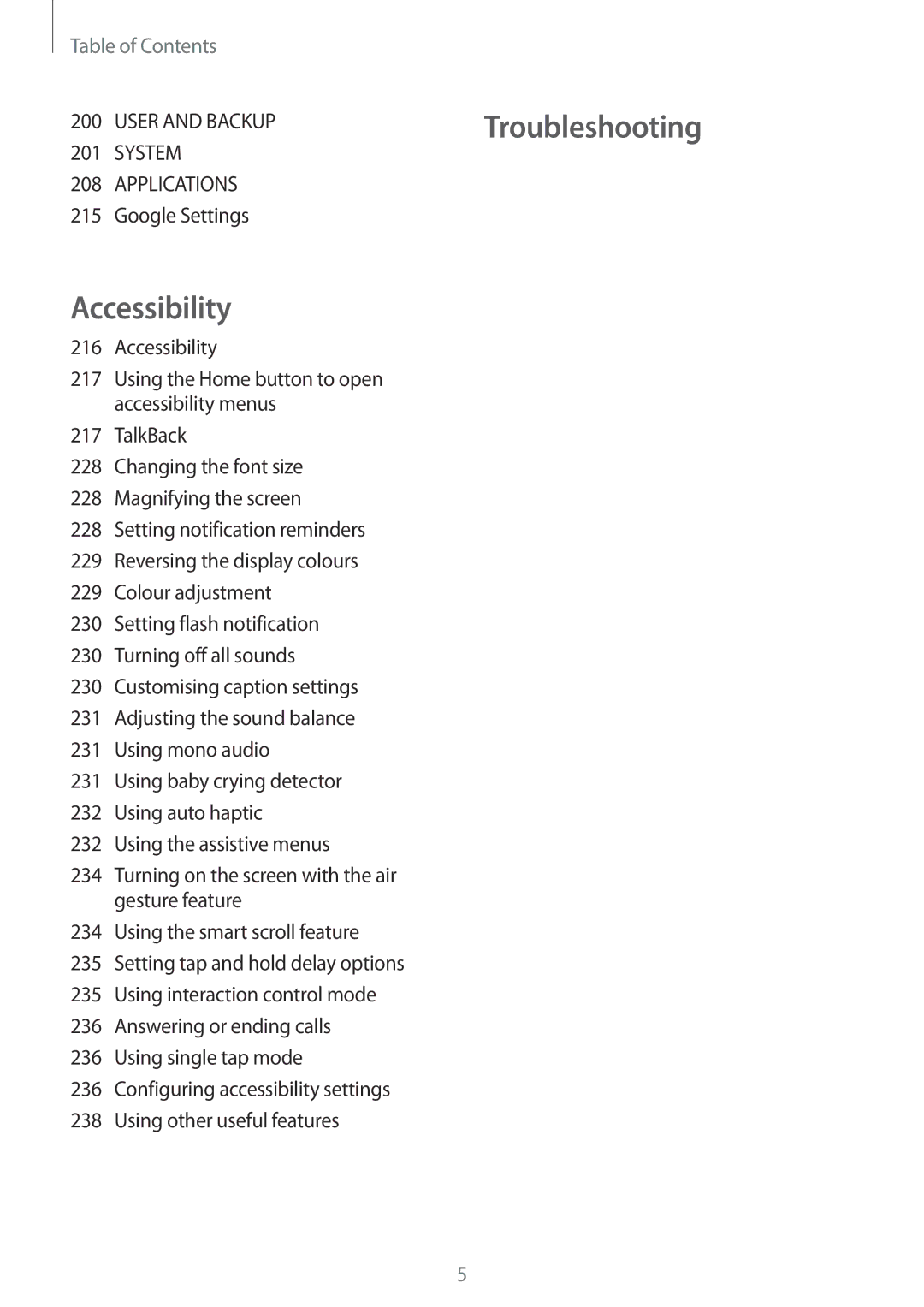 Samsung SM-G900FZBVILO, SM-G900FZKVKSA, SM-G900FZWVKSA, SM-G900FZDVILO manual Troubleshooting Accessibility, Google Settings 