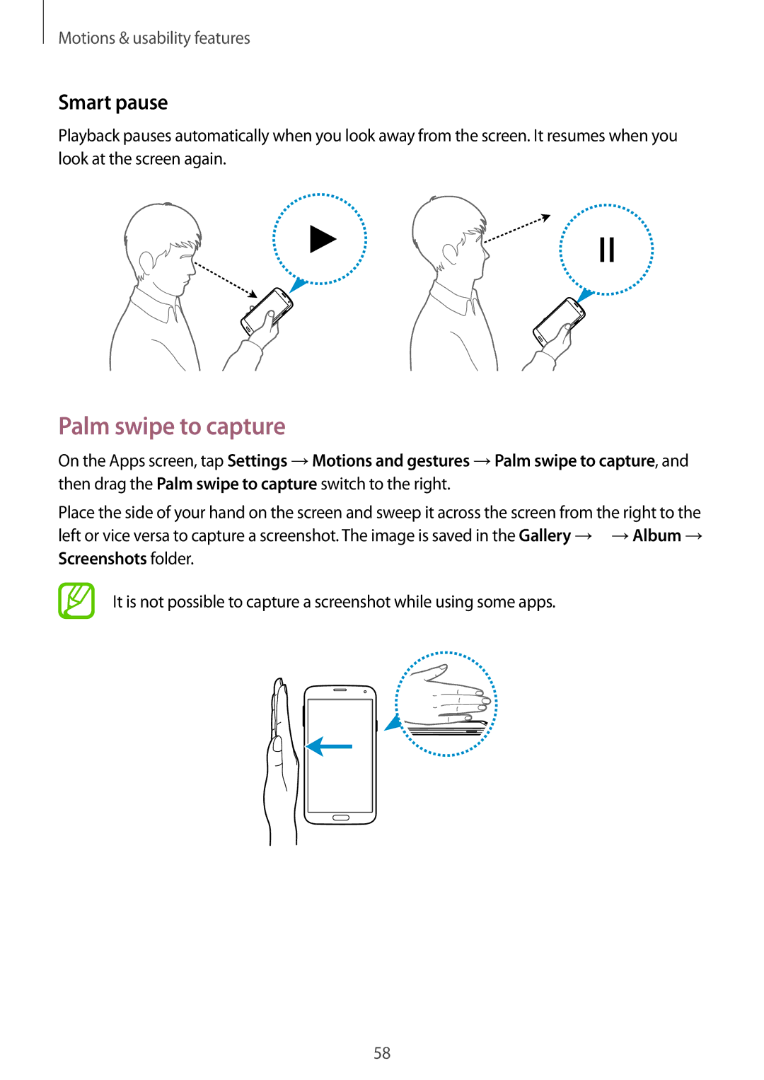 Samsung SM-G900FZKVILO, SM-G900FZKVKSA, SM-G900FZWVKSA manual Palm swipe to capture, Smart pause, Screenshots folder 