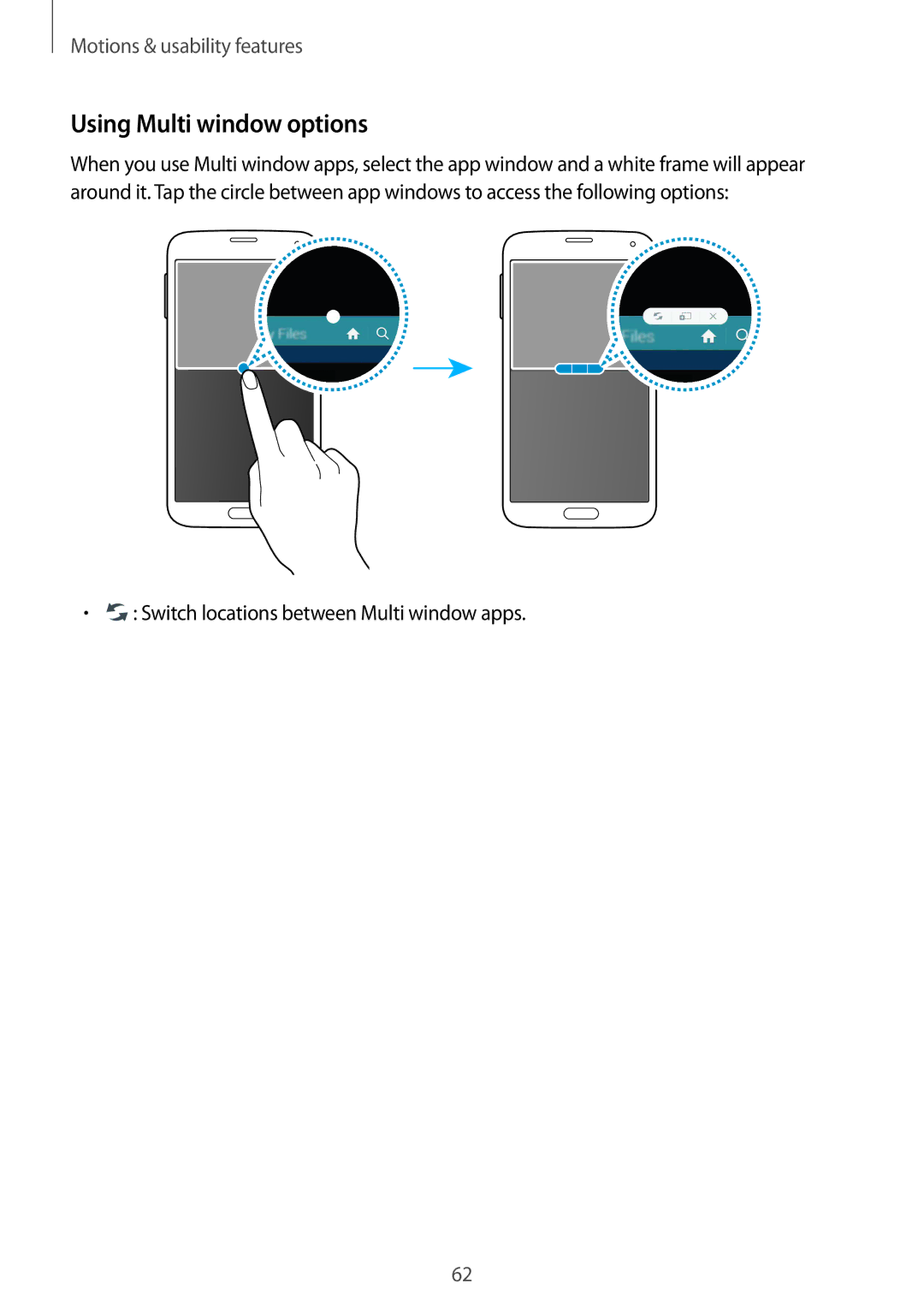 Samsung SM-G900FZDVILO, SM-G900FZKVKSA manual Using Multi window options, Switch locations between Multi window apps 