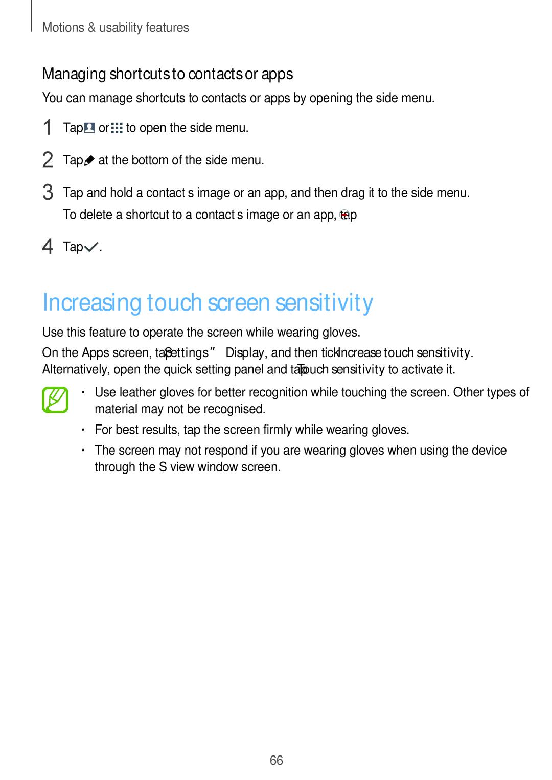 Samsung SM-G900FZKVKSA, SM-G900FZWVKSA manual Increasing touch screen sensitivity, Managing shortcuts to contacts or apps 