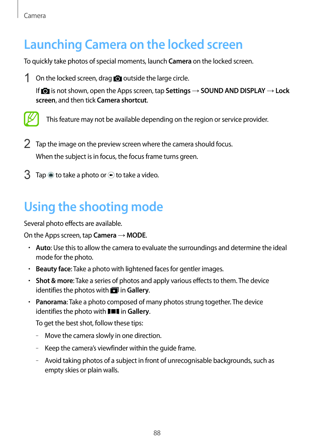 Samsung SM-G900FZKVILO, SM-G900FZKVKSA, SM-G900FZWVKSA manual Launching Camera on the locked screen, Using the shooting mode 