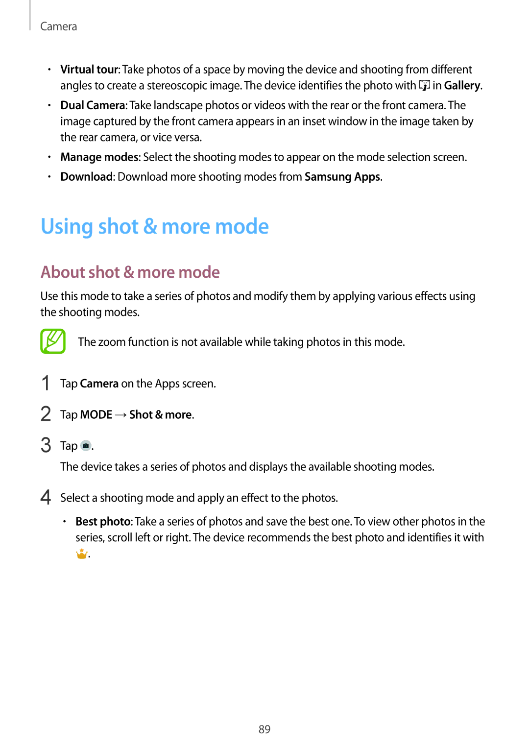 Samsung SM-G900FZBVILO, SM-G900FZKVKSA manual Using shot & more mode, About shot & more mode, Tap Mode →Shot & more 