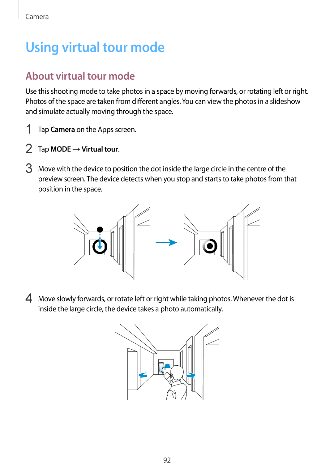 Samsung SM-G900FZDVILO, SM-G900FZKVKSA manual Using virtual tour mode, About virtual tour mode, Tap Mode →Virtual tour 