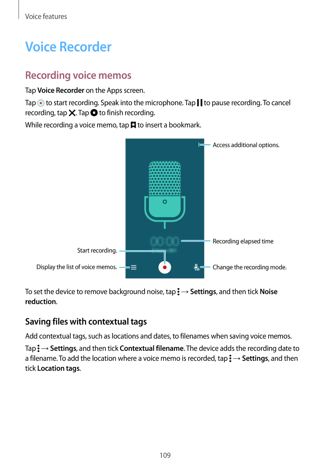 Samsung SM-G900FZWVKSA, SM-G900FZKVKSA manual Voice Recorder, Recording voice memos, Saving files with contextual tags 