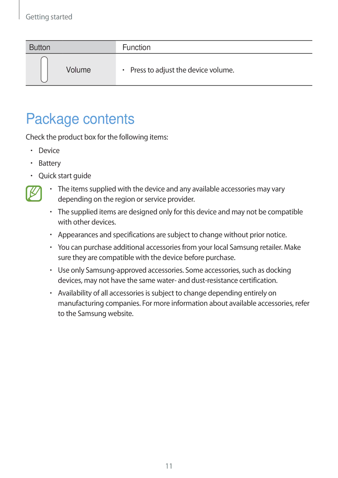 Samsung SM-G900FZBVILO, SM-G900FZKVKSA, SM-G900FZWVKSA, SM-G900FZDVILO, SM-G900FZWVILO, SM-G900FZKVILO manual Package contents 