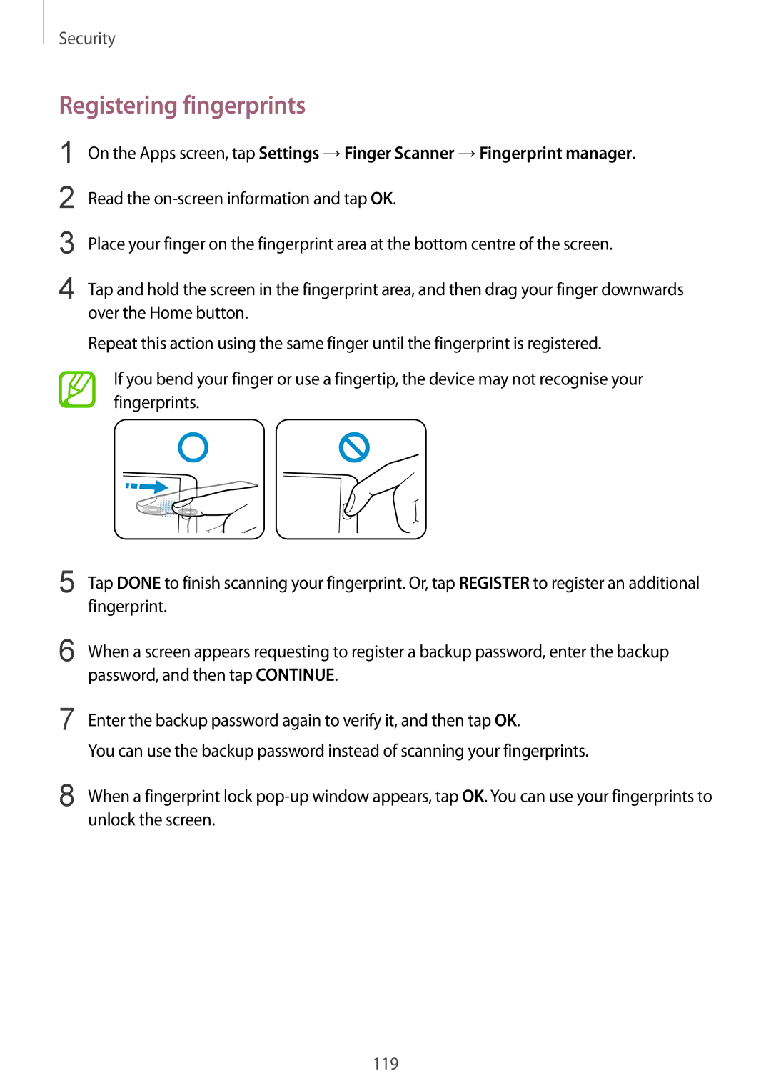 Samsung SM-G900FZBVILO, SM-G900FZKVKSA manual Registering fingerprints, Password, and then tap Continue, Unlock the screen 