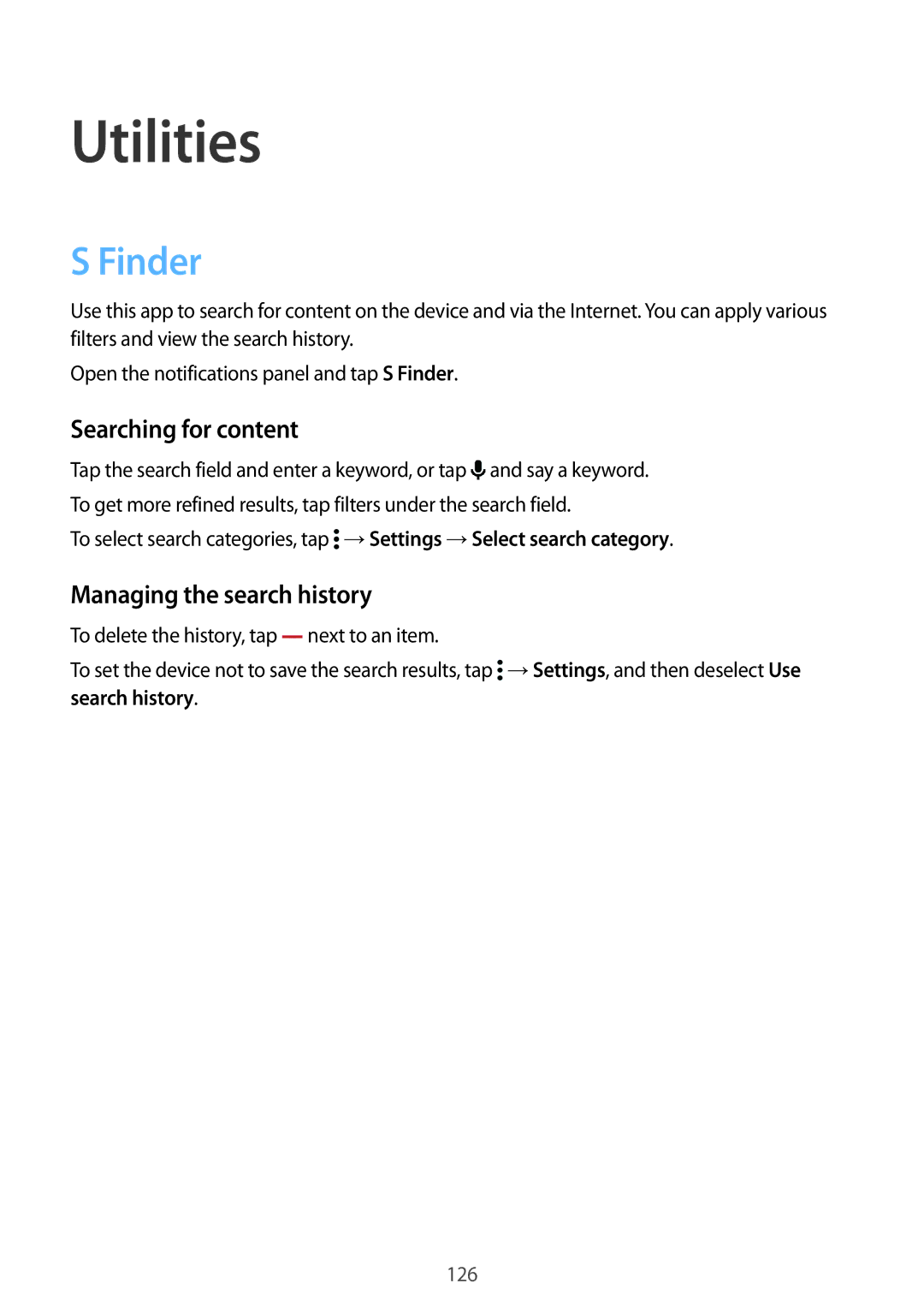 Samsung SM-G900FZKVKSA, SM-G900FZWVKSA manual Utilities, Finder, Searching for content, Managing the search history 