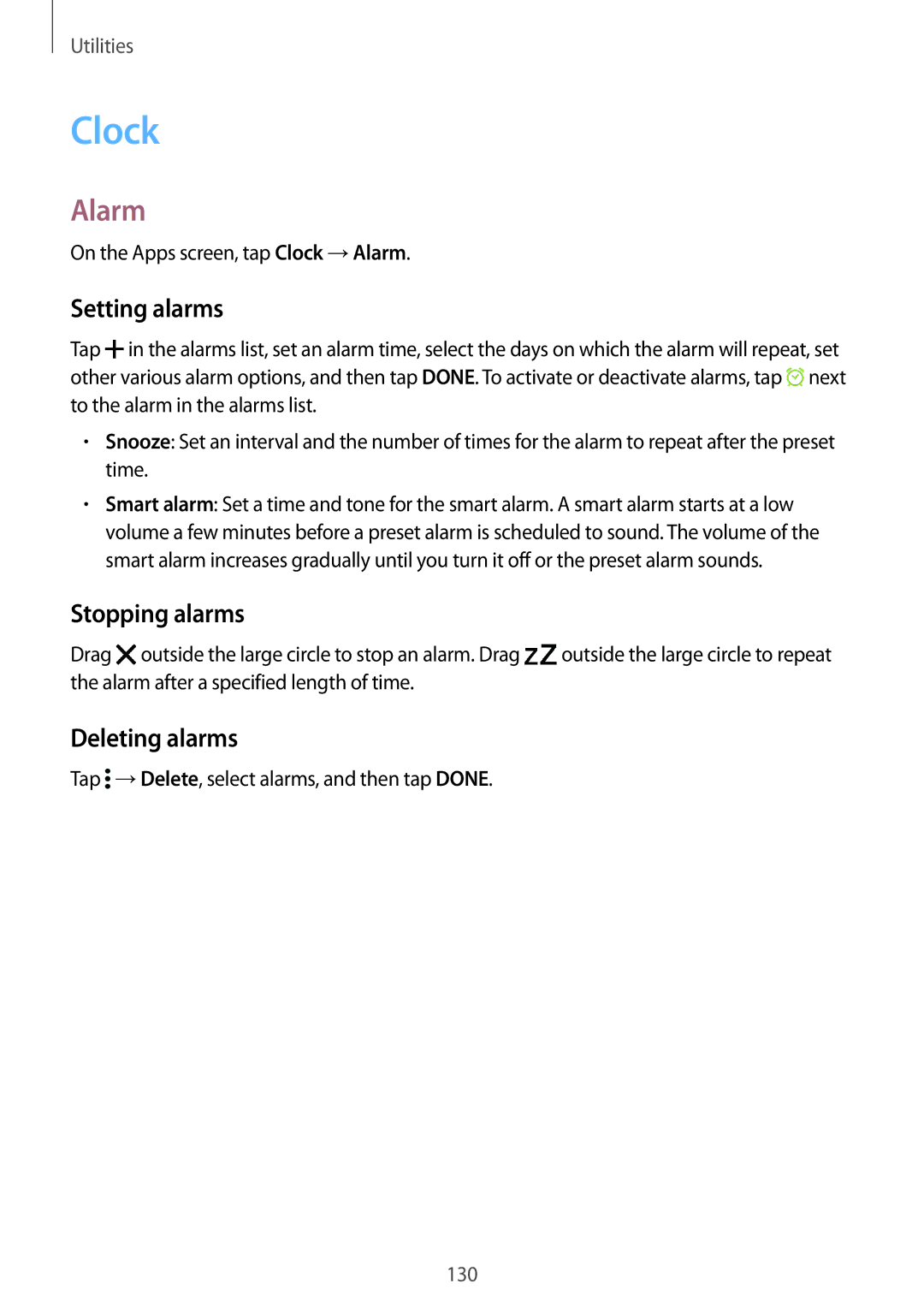 Samsung SM-G900FZKVILO, SM-G900FZKVKSA, SM-G900FZWVKSA manual Clock, Alarm, Setting alarms, Stopping alarms, Deleting alarms 