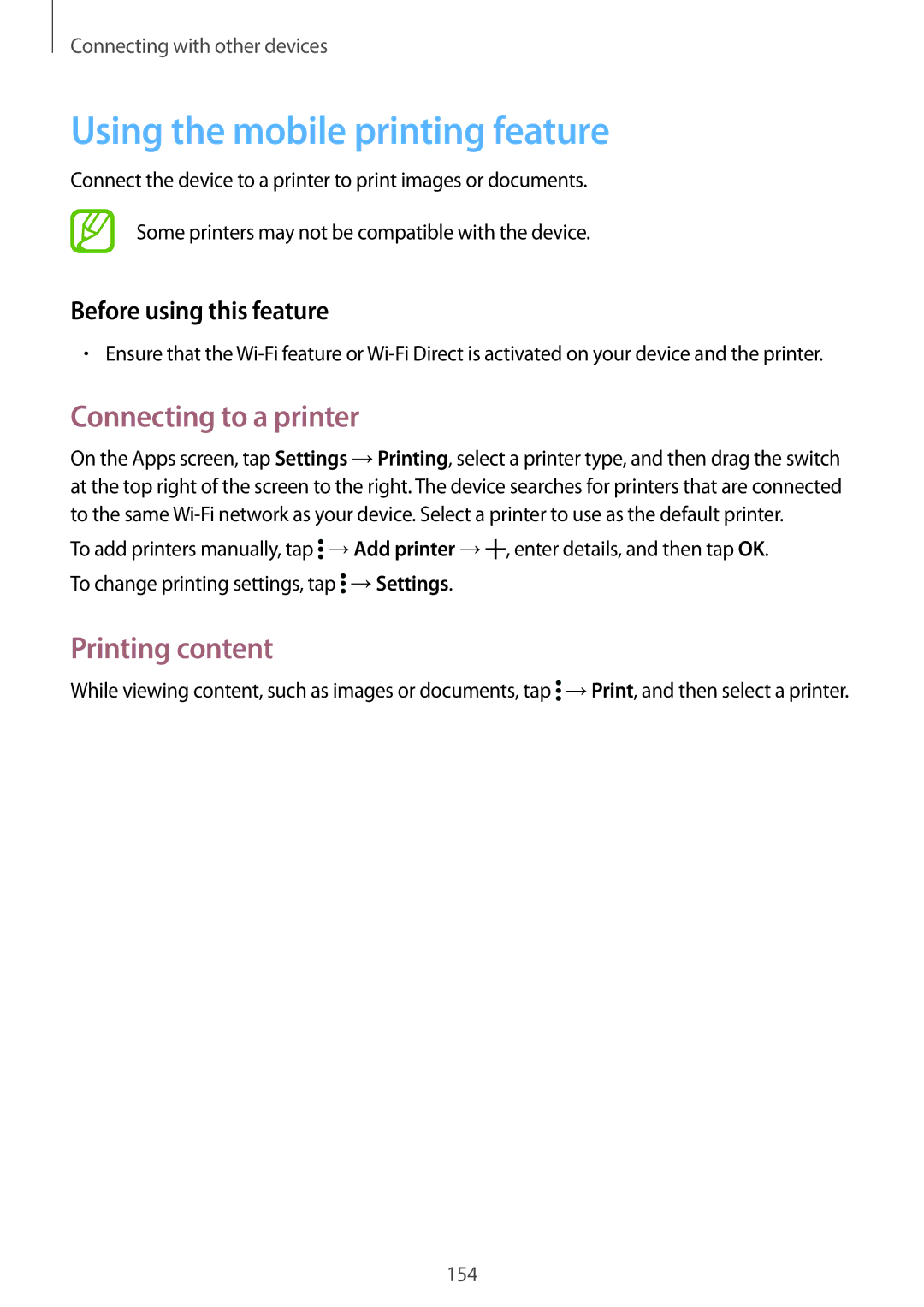 Samsung SM-G900FZKVILO, SM-G900FZKVKSA manual Using the mobile printing feature, Connecting to a printer, Printing content 