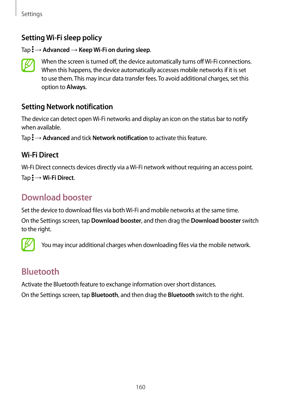 Samsung SM-G900FZKVILO Download booster, Bluetooth, Setting Wi-Fi sleep policy, Setting Network notification, Wi-Fi Direct 