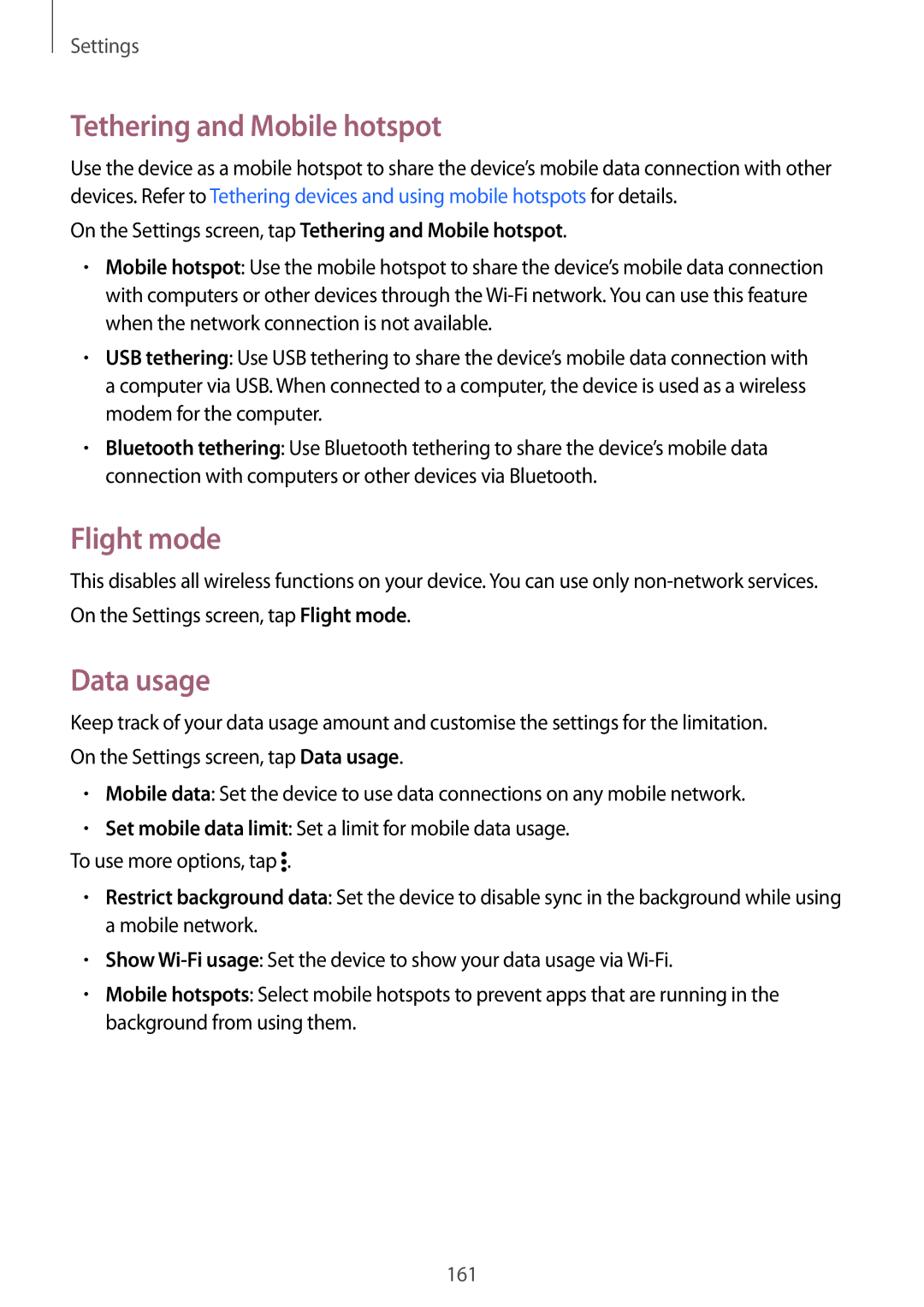 Samsung SM-G900FZBVILO, SM-G900FZKVKSA, SM-G900FZWVKSA, SM-G900FZDVILO Tethering and Mobile hotspot, Flight mode, Data usage 