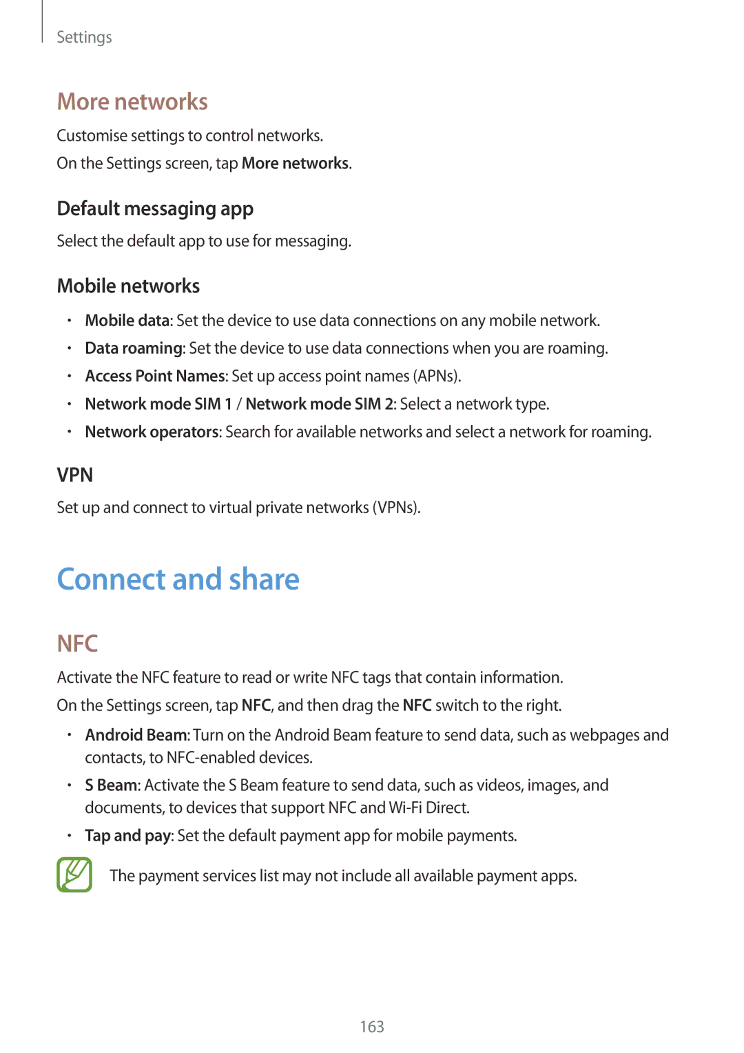 Samsung SM-G900FZWVKSA, SM-G900FZKVKSA manual Connect and share, More networks, Default messaging app, Mobile networks 