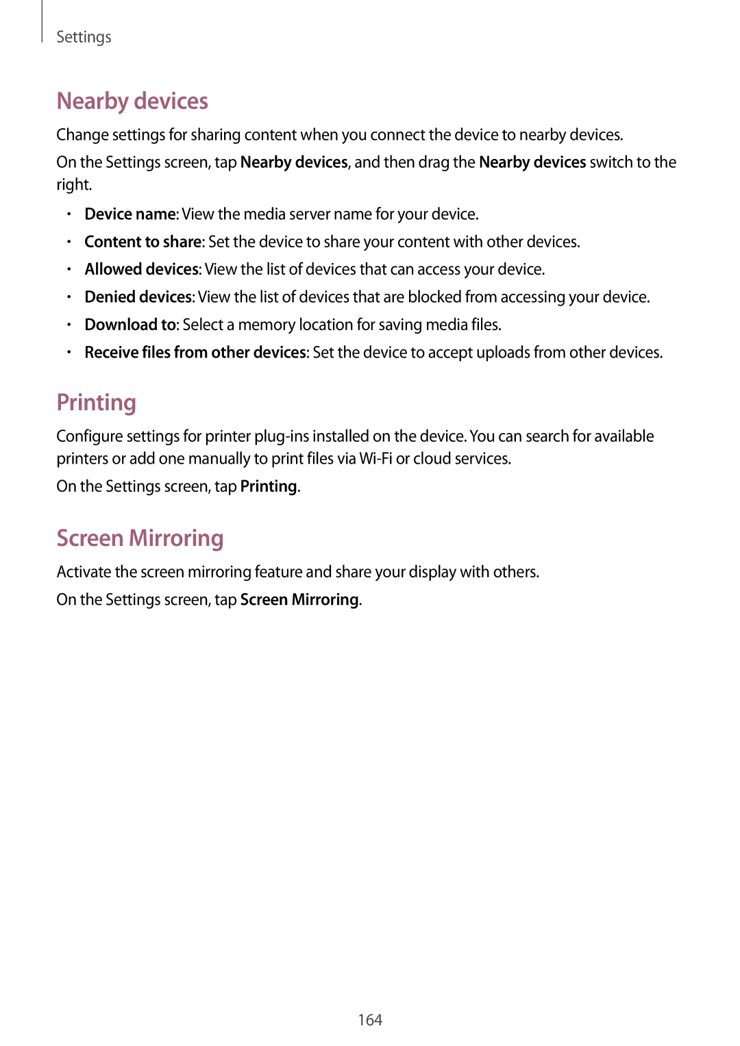 Samsung SM-G900FZDVILO, SM-G900FZKVKSA manual Nearby devices, Screen Mirroring, On the Settings screen, tap Printing 