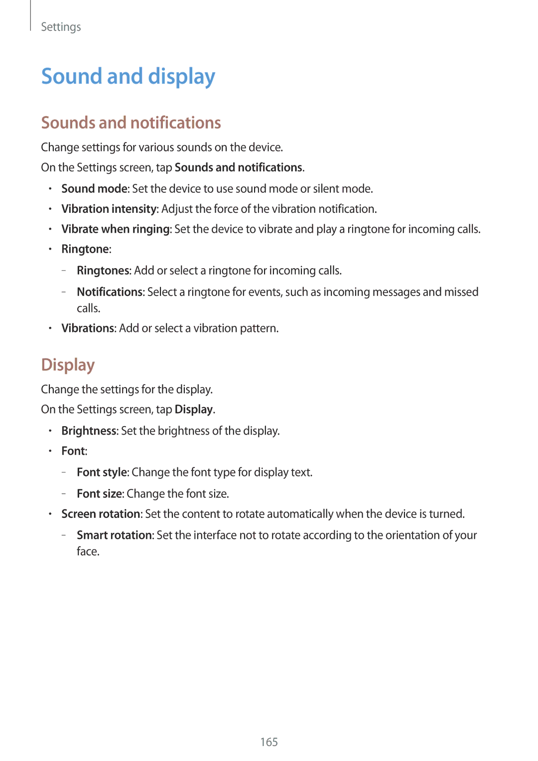 Samsung SM-G900FZWVILO, SM-G900FZKVKSA, SM-G900FZWVKSA Sound and display, Sounds and notifications, Display, Ringtone, Font 