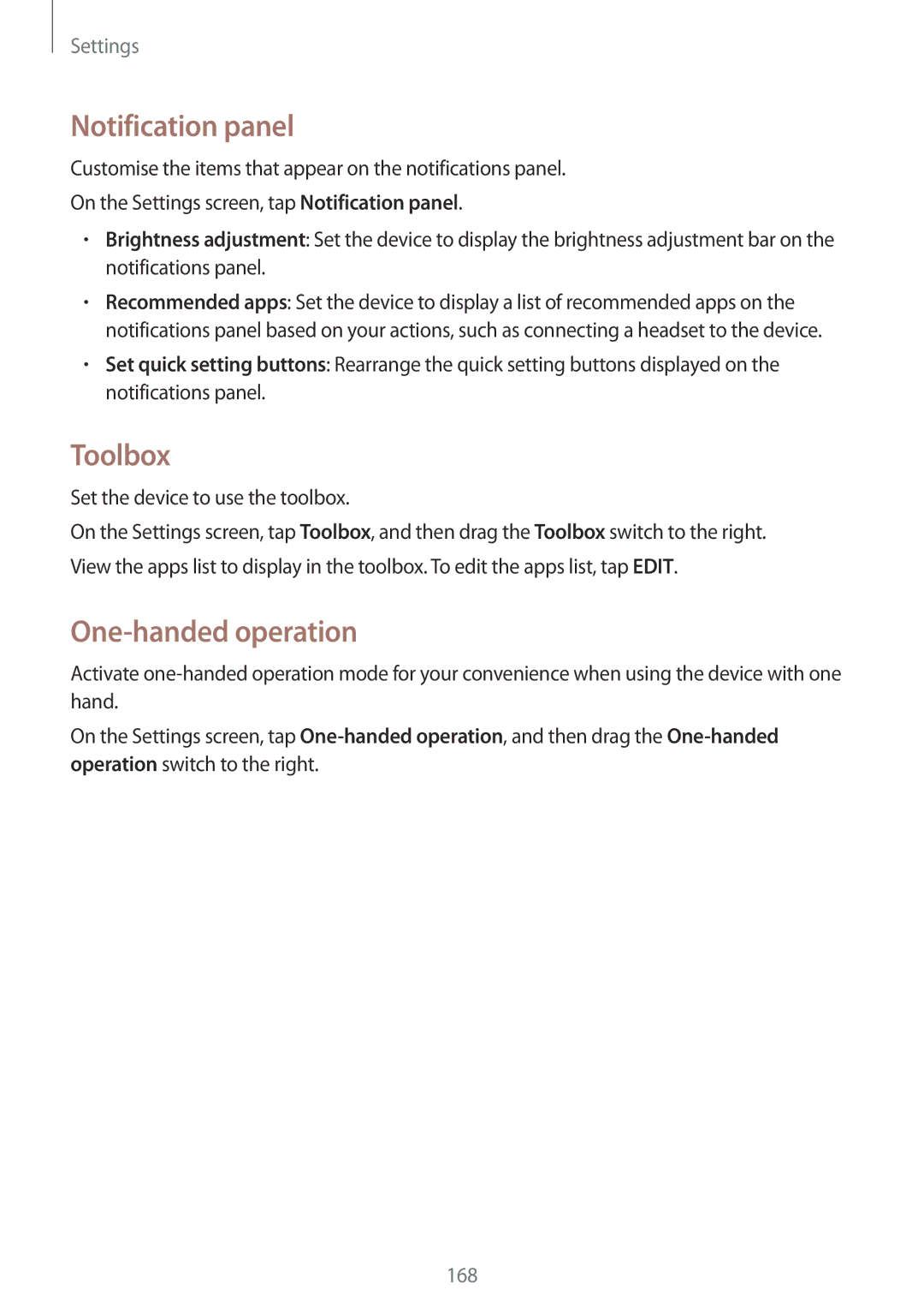 Samsung SM-G900FZKVKSA manual Notification panel, Toolbox, One-handed operation, Set the device to use the toolbox 