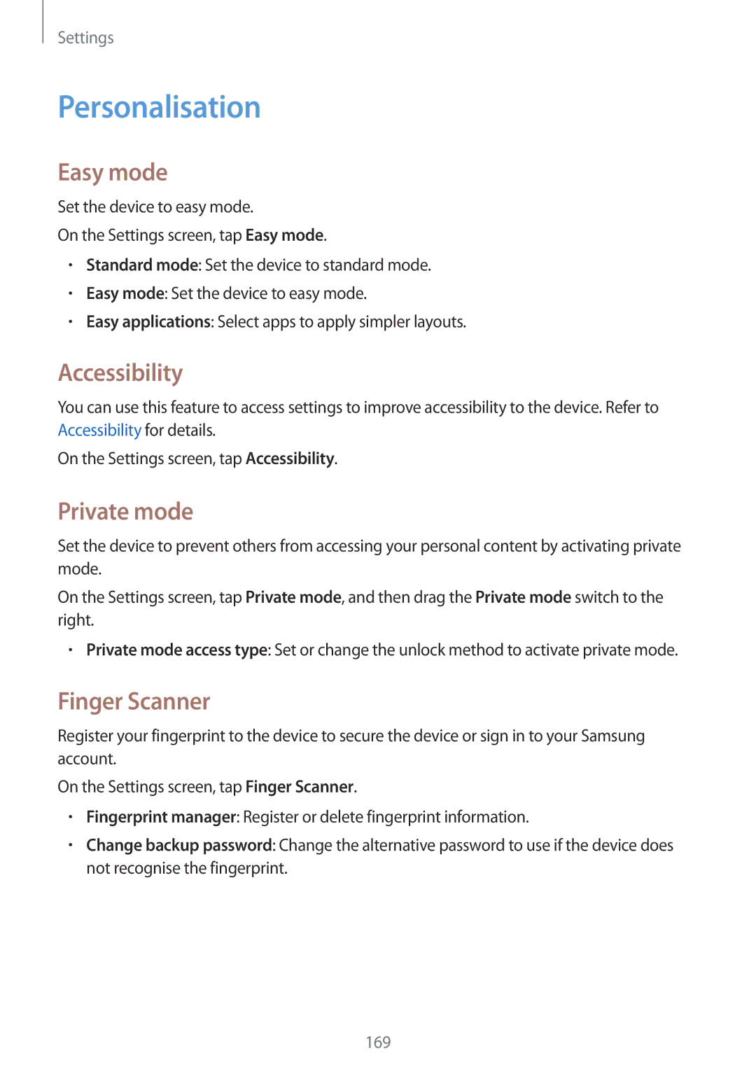 Samsung SM-G900FZWVKSA, SM-G900FZKVKSA manual Personalisation, Easy mode, Accessibility, Private mode, Finger Scanner 