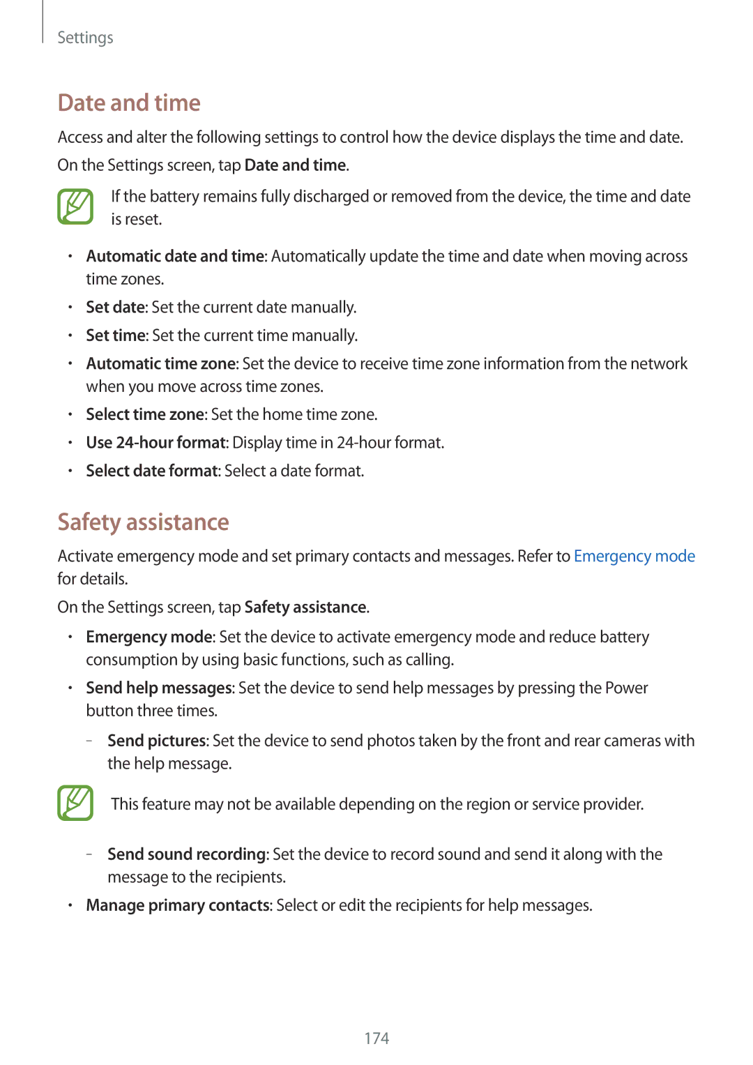 Samsung SM-G900FZKVKSA, SM-G900FZWVKSA, SM-G900FZDVILO, SM-G900FZWVILO, SM-G900FZKVILO manual Date and time, Safety assistance 