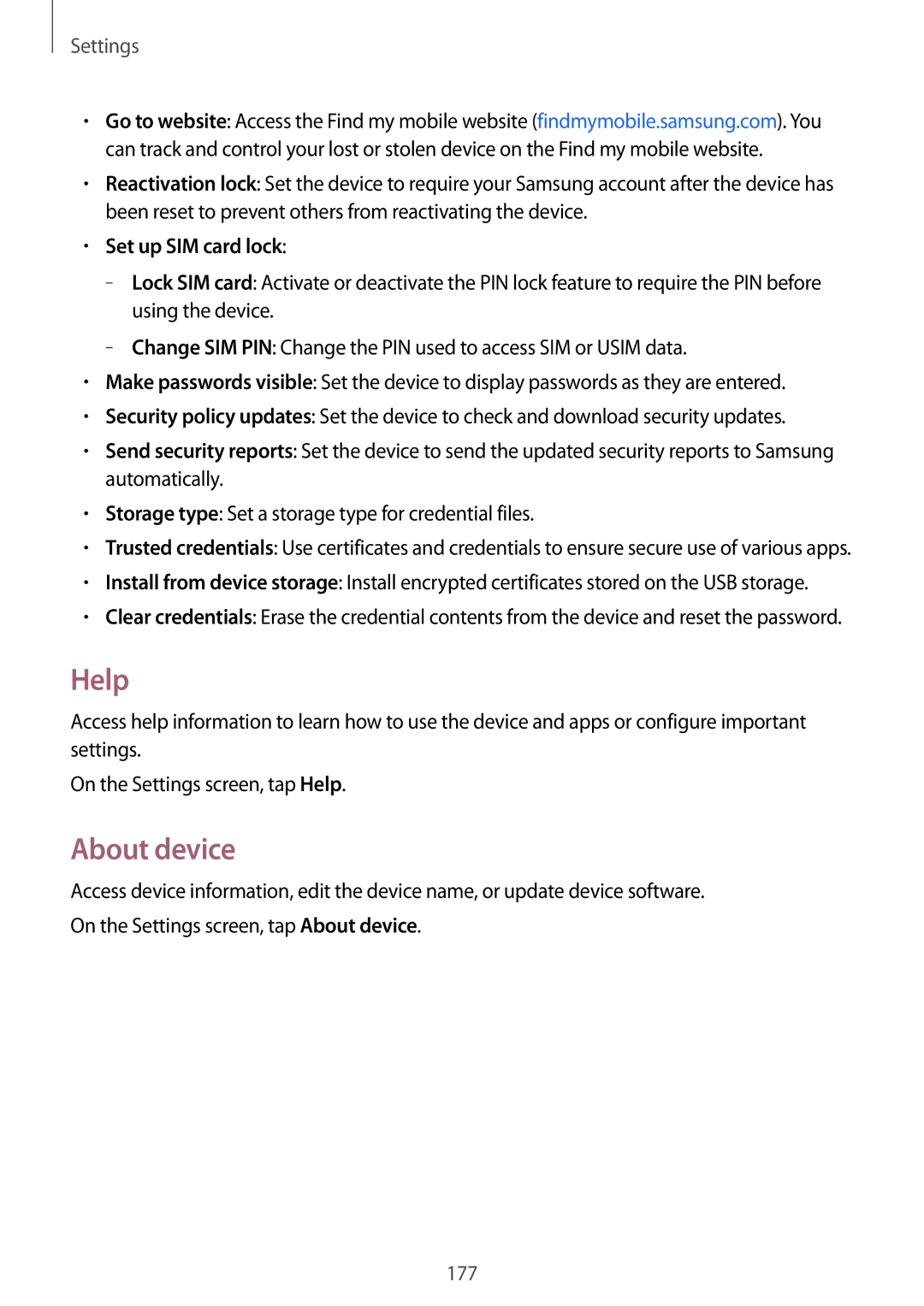 Samsung SM-G900FZWVILO, SM-G900FZKVKSA, SM-G900FZWVKSA, SM-G900FZDVILO manual Help, About device, Set up SIM card lock 