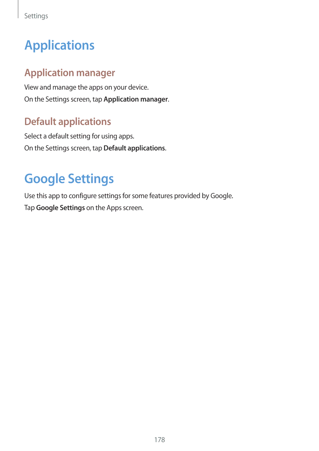Samsung SM-G900FZKVILO, SM-G900FZKVKSA manual Applications, Google Settings, Application manager, Default applications 
