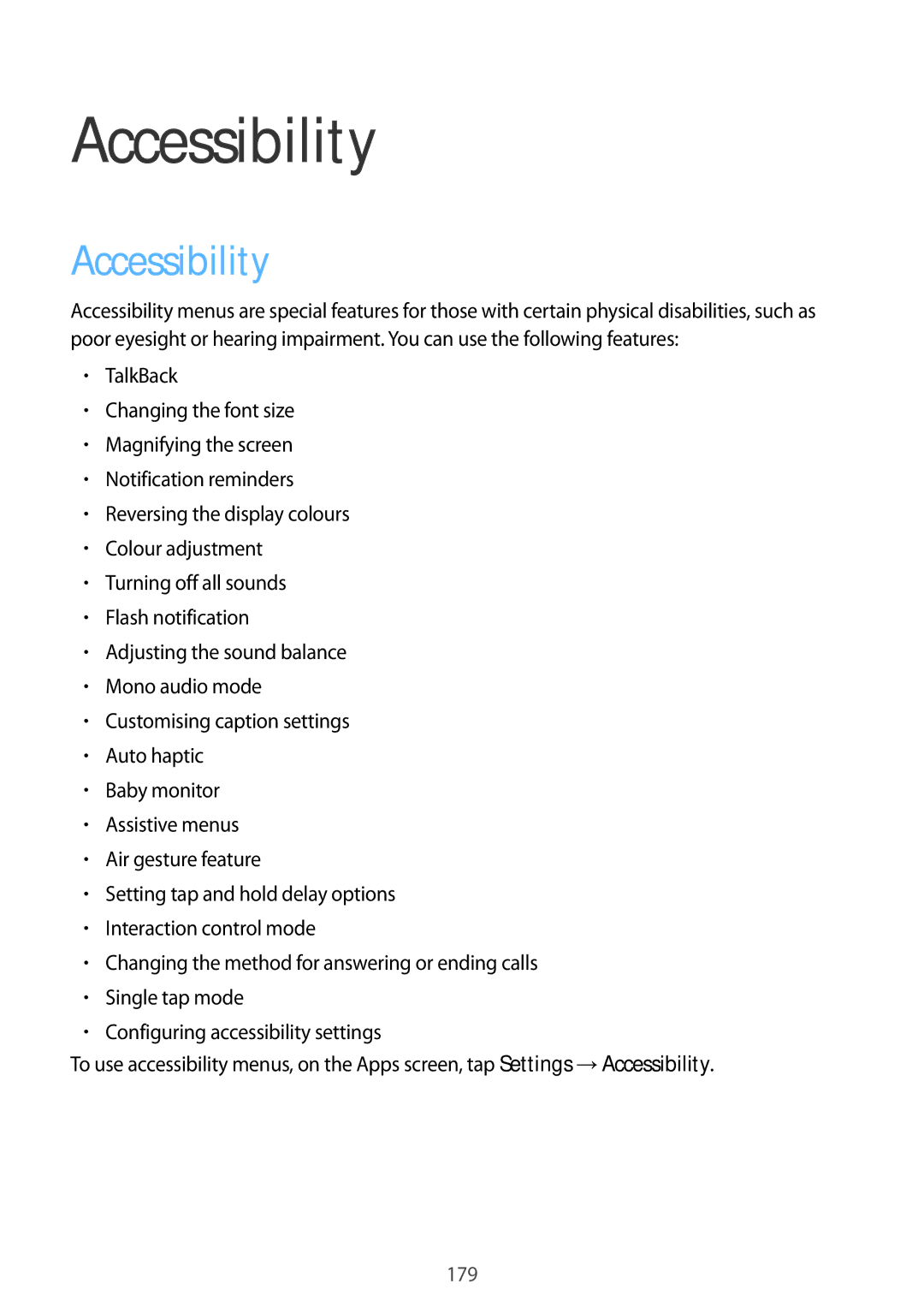 Samsung SM-G900FZBVILO, SM-G900FZKVKSA, SM-G900FZWVKSA, SM-G900FZDVILO, SM-G900FZWVILO, SM-G900FZKVILO manual Accessibility 