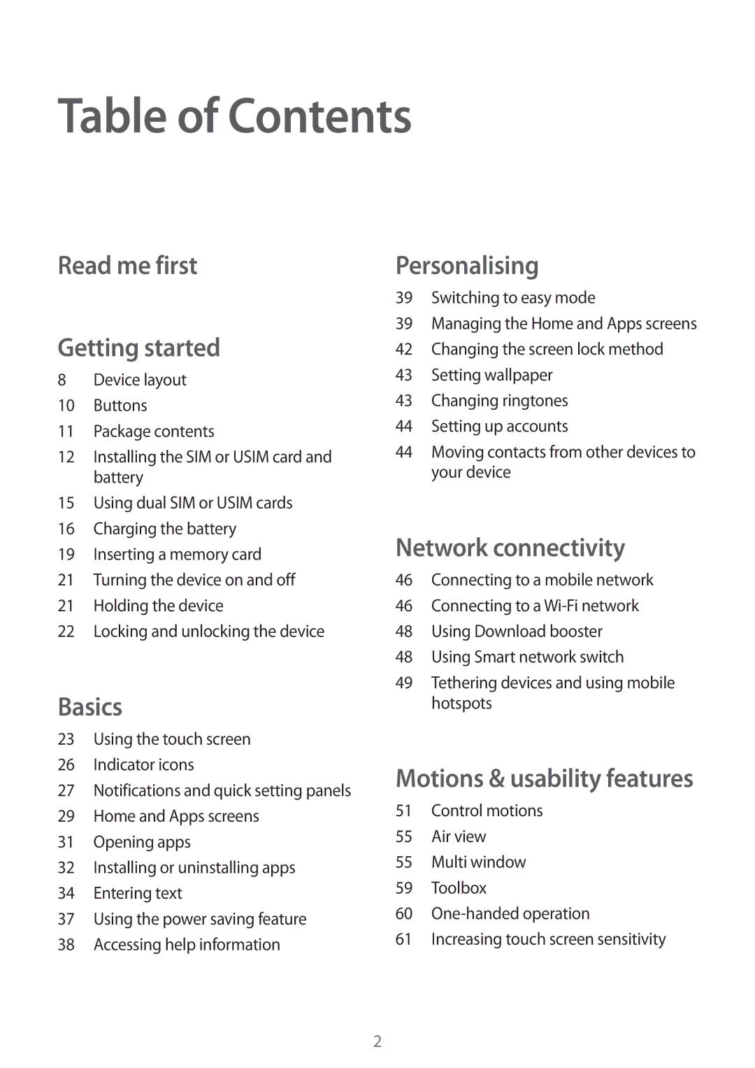 Samsung SM-G900FZDVILO, SM-G900FZKVKSA, SM-G900FZWVKSA, SM-G900FZWVILO, SM-G900FZKVILO, SM-G900FZBVILO manual Table of Contents 