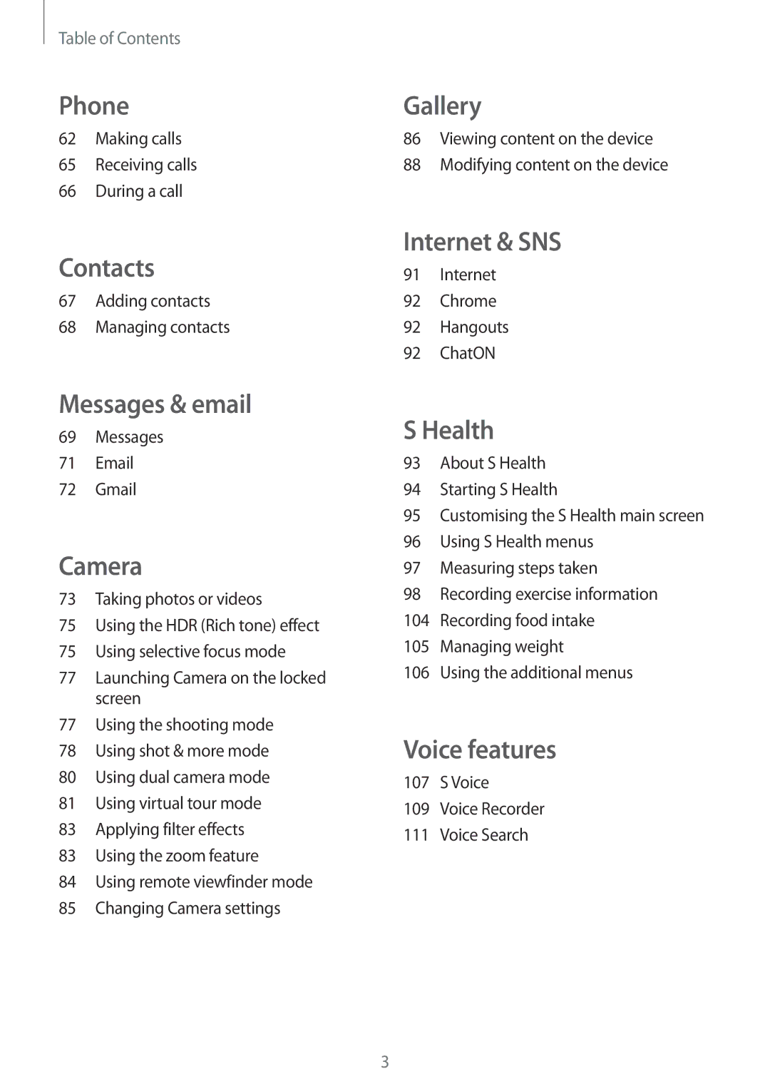 Samsung SM-G900FZWVILO manual Making calls Receiving calls During a call, Adding contacts Managing contacts, Messages Gmail 