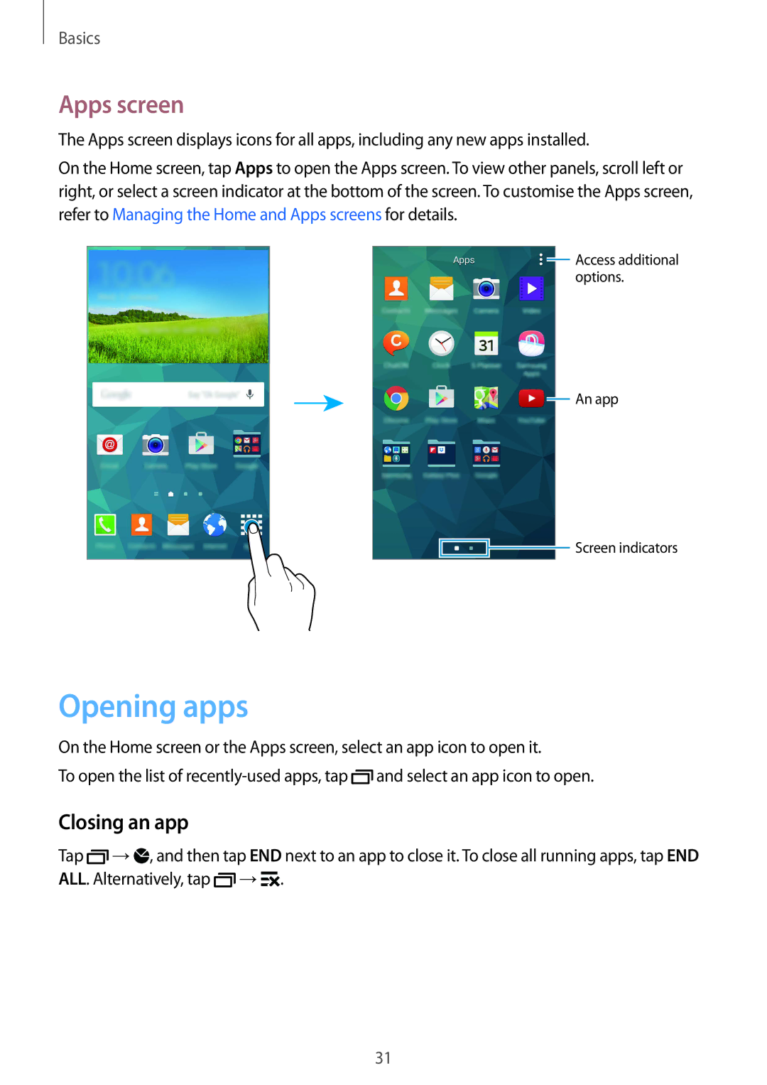 Samsung SM-G900FZWVKSA, SM-G900FZKVKSA, SM-G900FZDVILO, SM-G900FZWVILO manual Opening apps, Apps screen, Closing an app 
